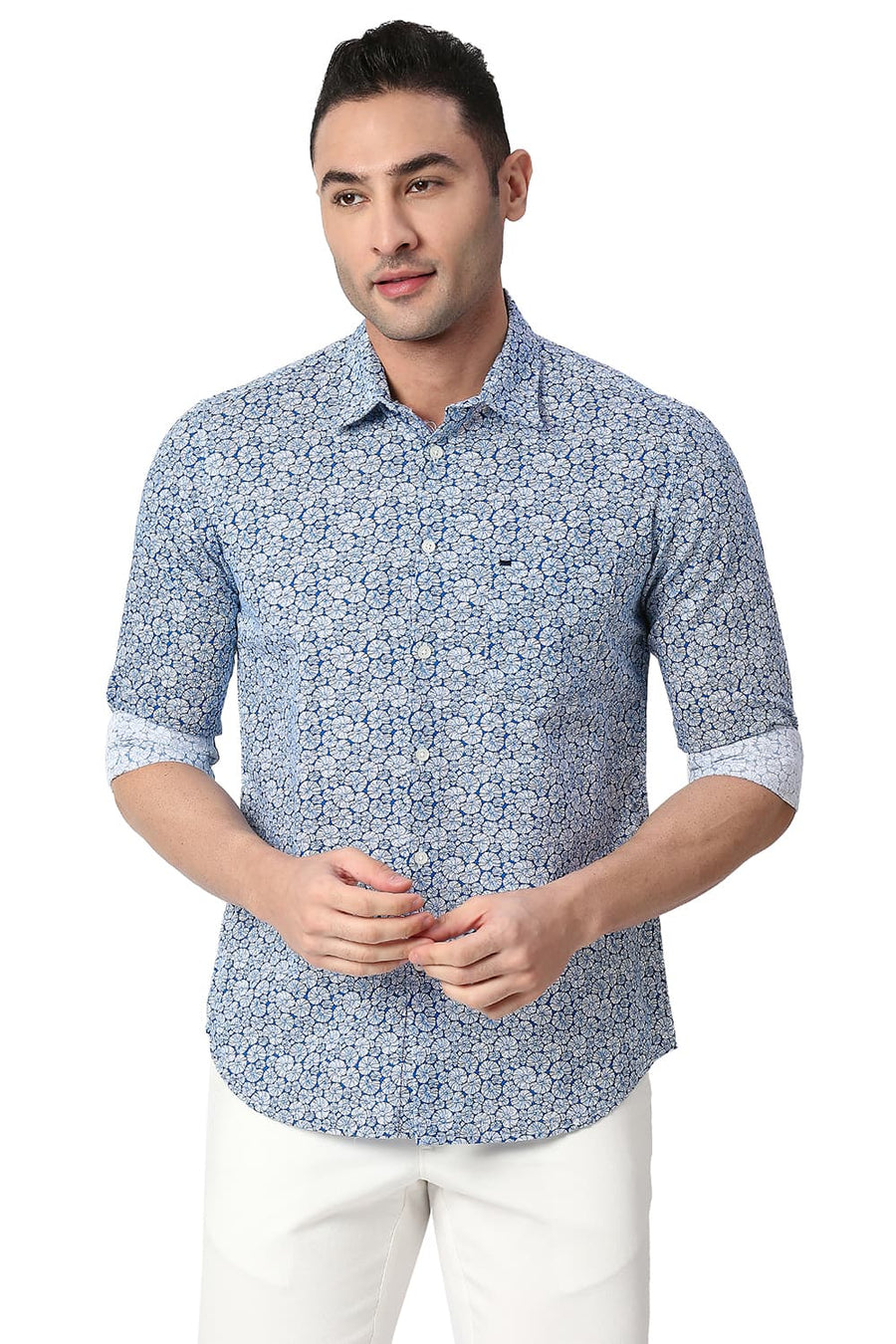 BASICS SLIM FIT BLANC DE WHITE COTTON SLUB PRINTED SHIRT