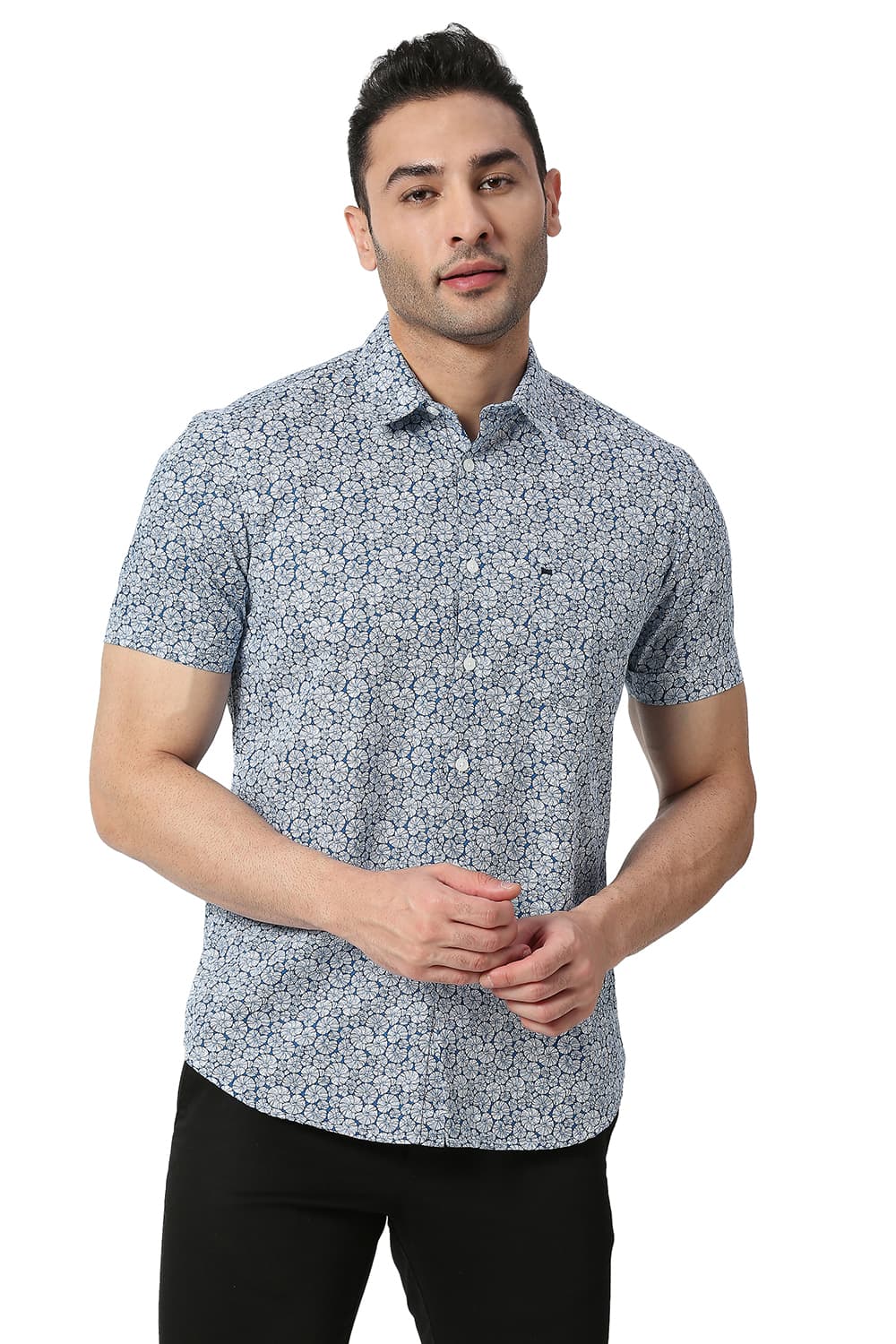 BASICS SLIM FIT COTTON SLUB PRINTED SHIRT