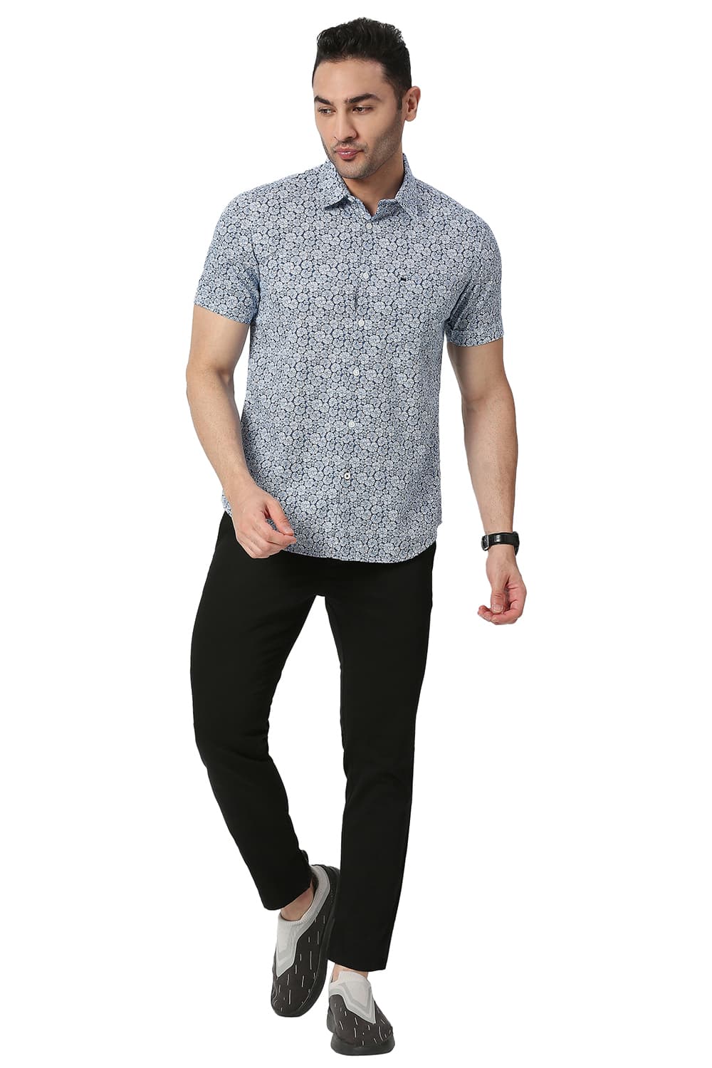 BASICS SLIM FIT COTTON SLUB PRINTED HALFSLEEVES SHIRT