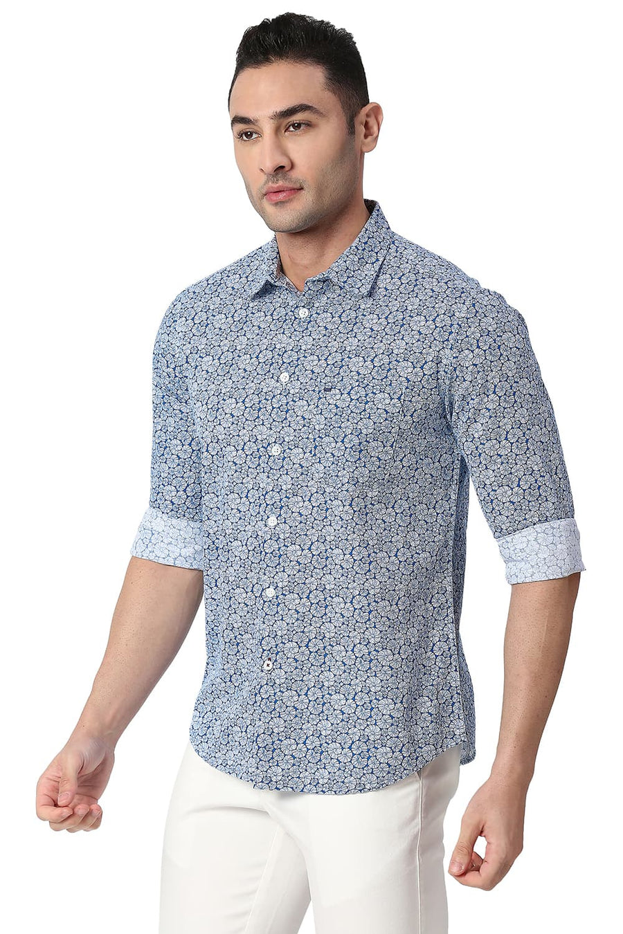 BASICS SLIM FIT BLANC DE WHITE COTTON SLUB PRINTED SHIRT