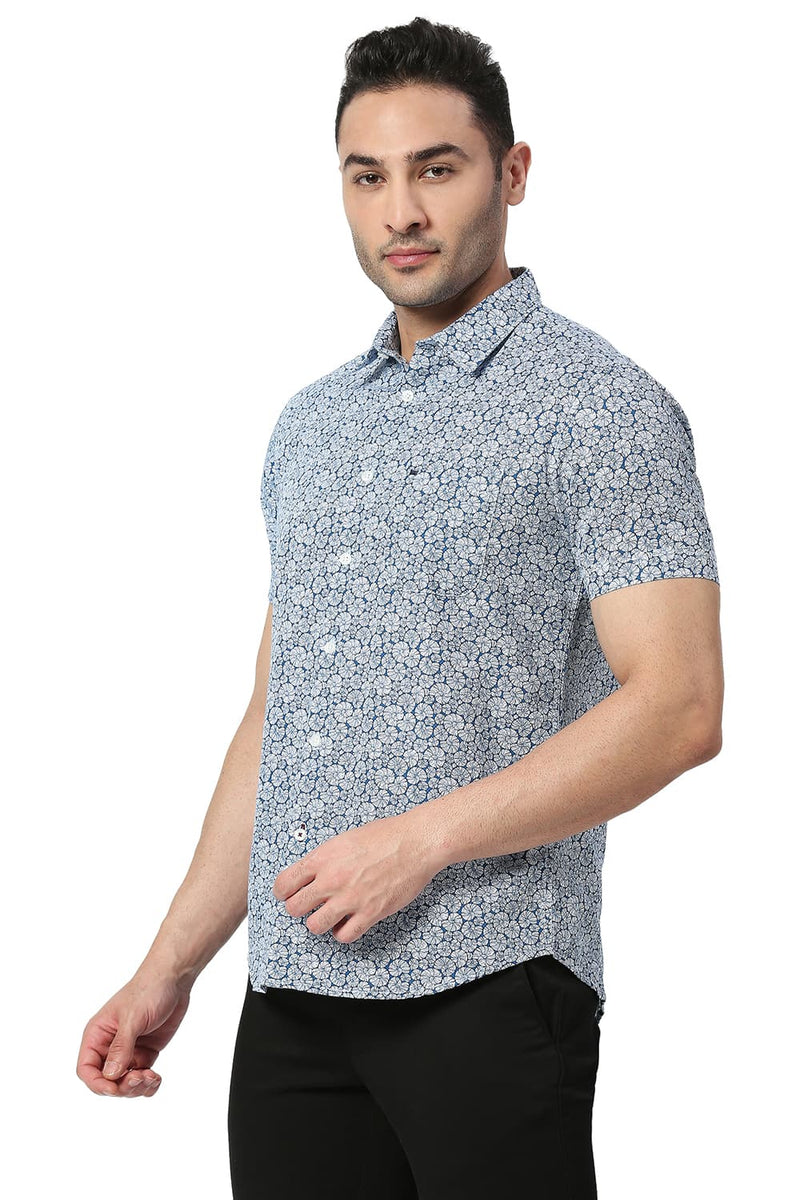 BASICS SLIM FIT COTTON SLUB PRINTED HALFSLEEVES SHIRT