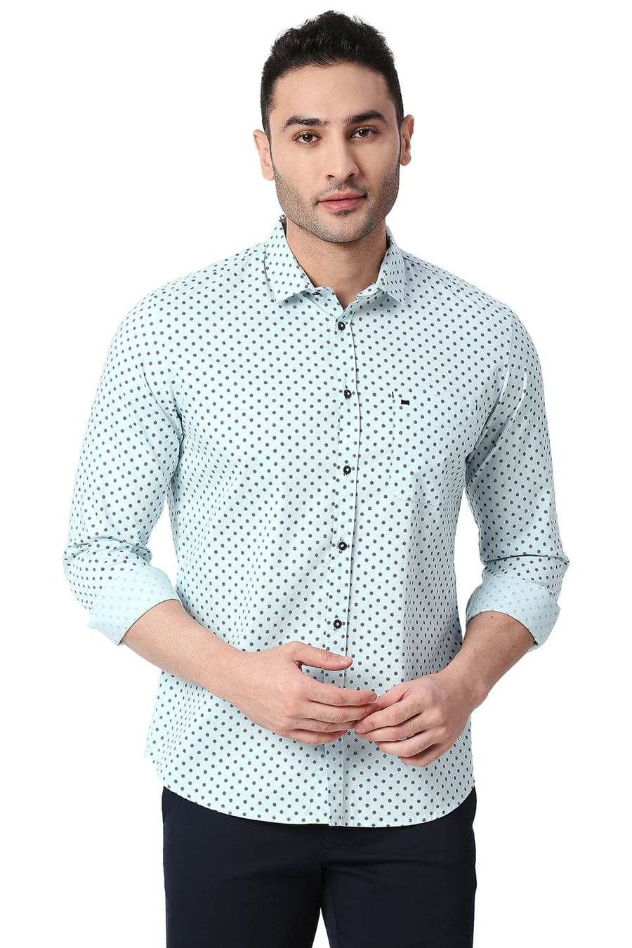 BASICS SLIM FIT WAN AQUA COTTON PRINTED SHIRT