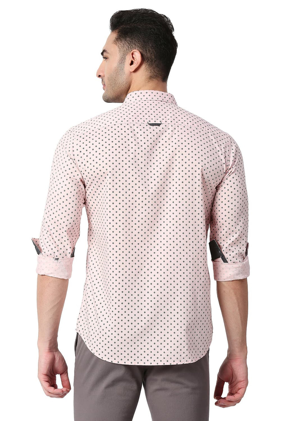 BASICS SLIM FIT POWDER PINK COTTON PRINTED SHIRT