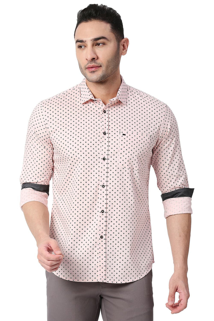 BASICS SLIM FIT POWDER PINK COTTON PRINTED SHIRT