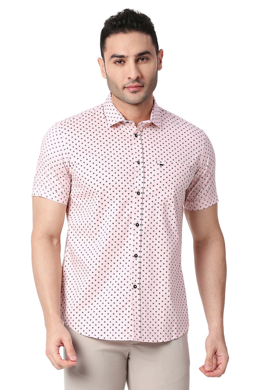 BASICS SLIM FIT COTTON PRINTED HALFSLEEVES SHIRT