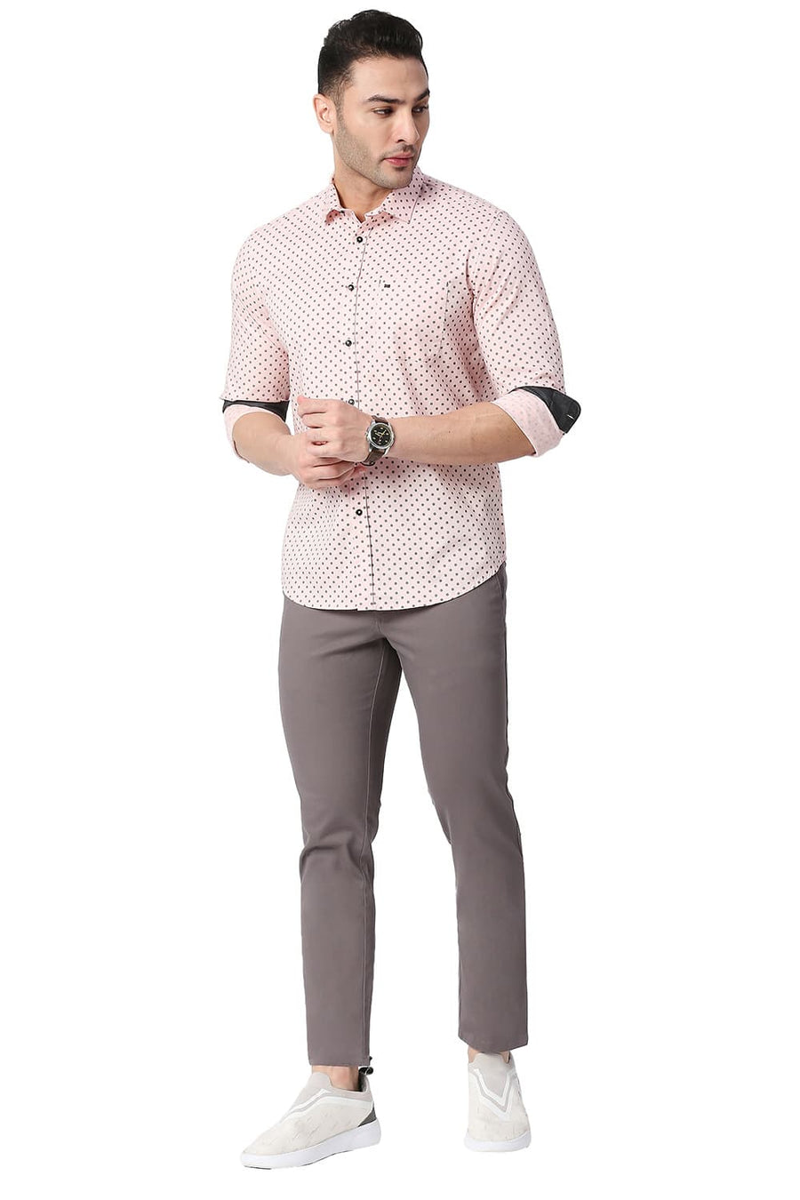 BASICS SLIM FIT POWDER PINK COTTON PRINTED SHIRT