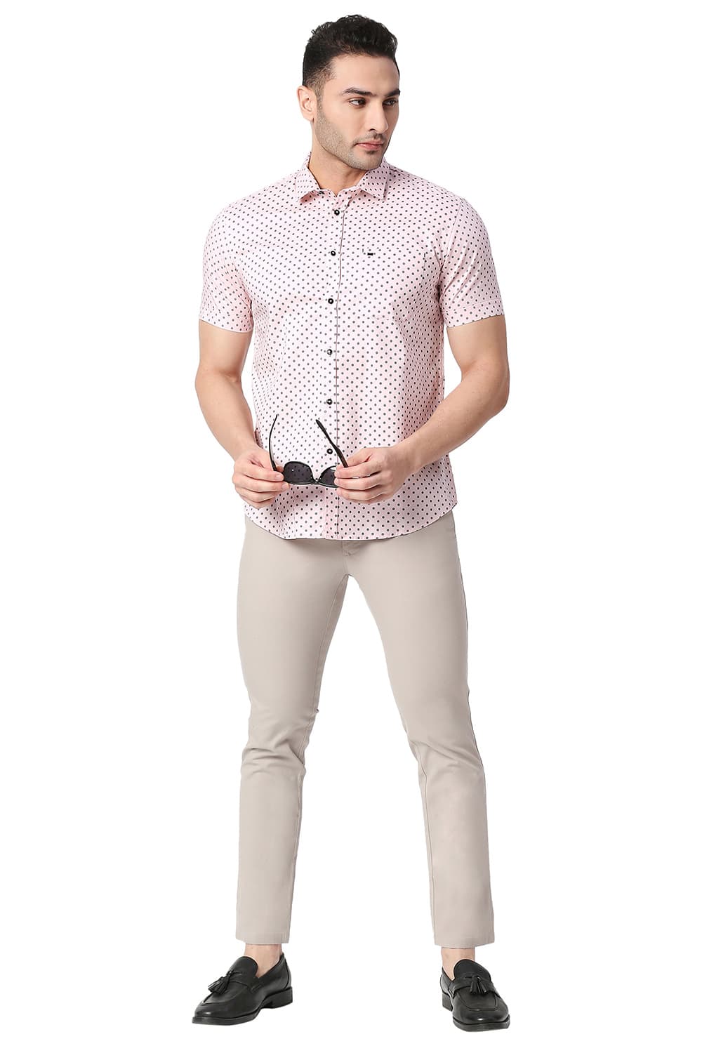 BASICS SLIM FIT COTTON PRINTED HALFSLEEVES SHIRT