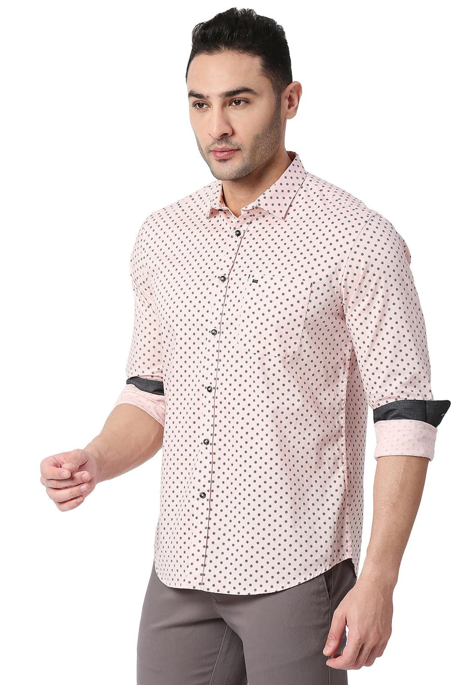 BASICS SLIM FIT POWDER PINK COTTON PRINTED SHIRT