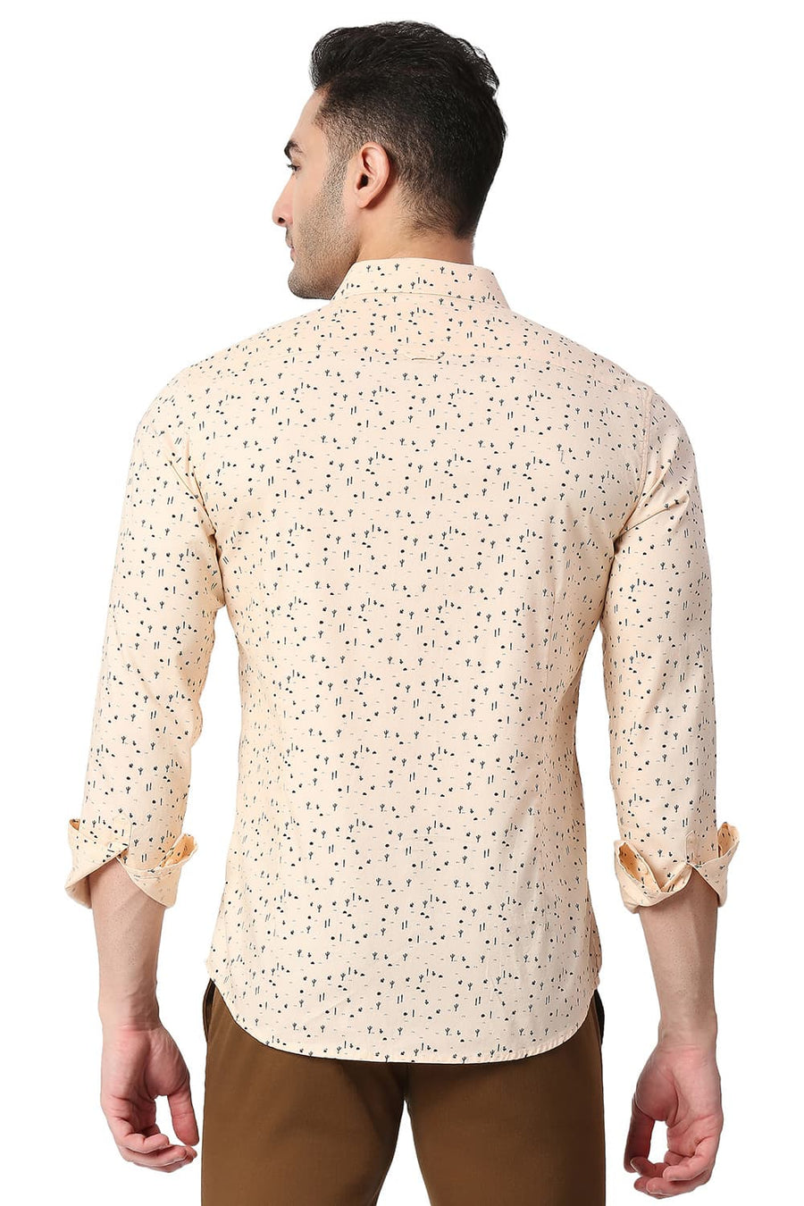 BASICS SLIM FIT CORAL ORANGE COTTON PRINTED SHIRT