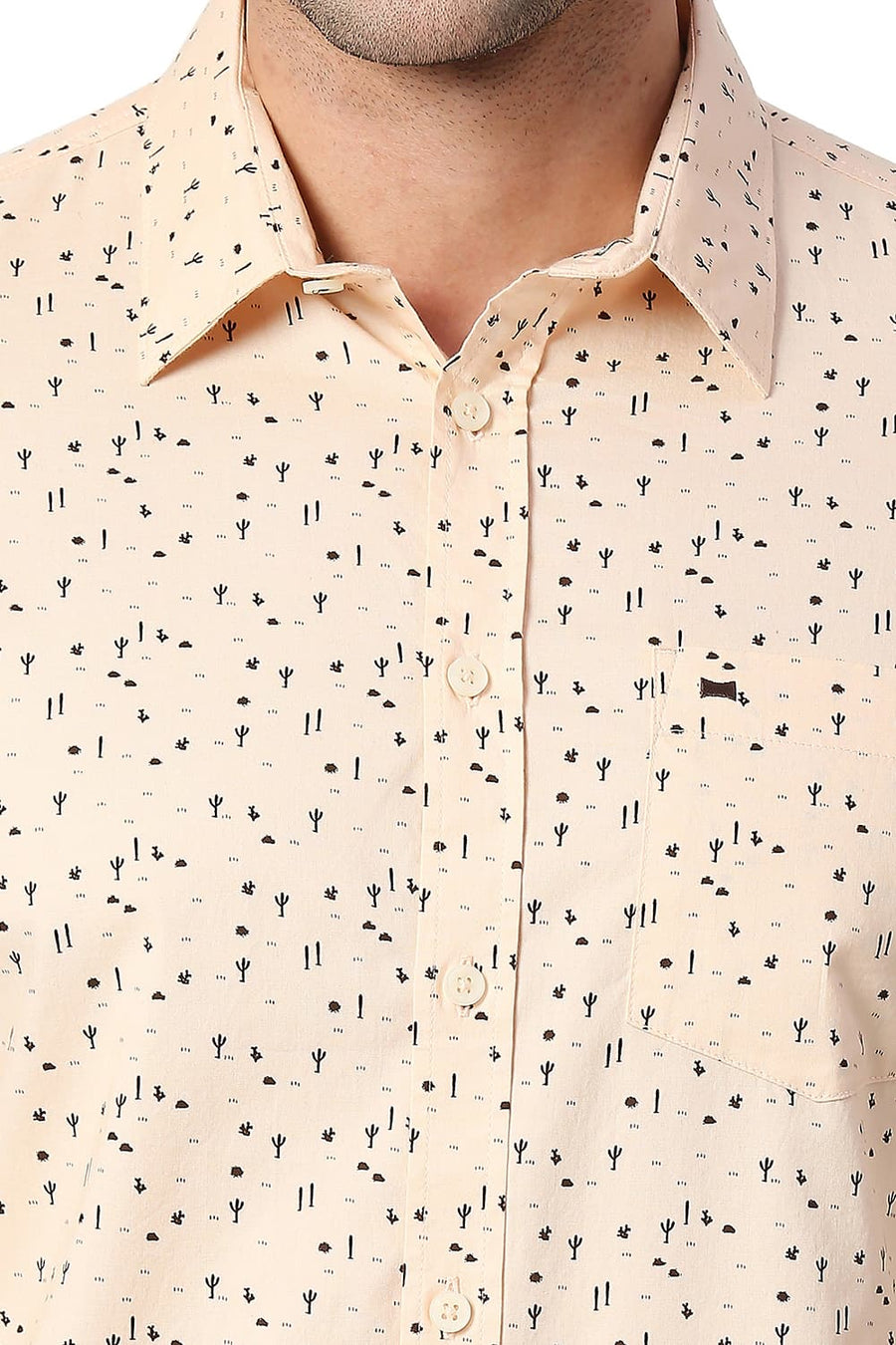 BASICS SLIM FIT CORAL ORANGE COTTON PRINTED SHIRT
