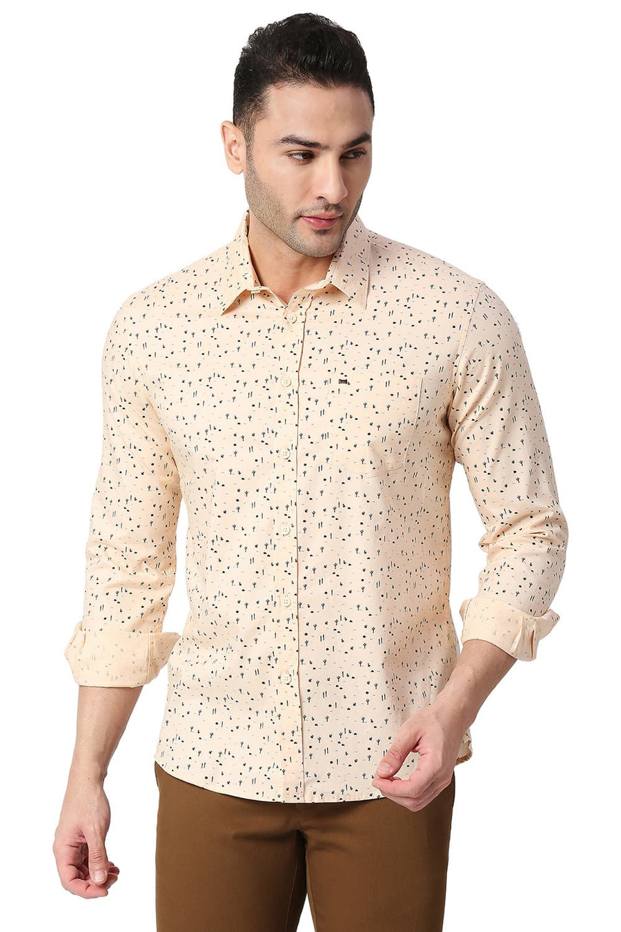 BASICS SLIM FIT CORAL ORANGE COTTON PRINTED SHIRT