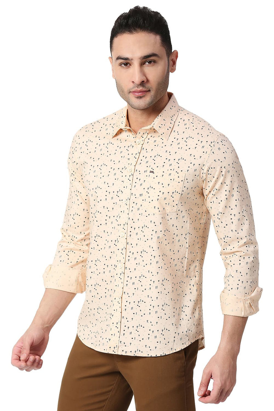 BASICS SLIM FIT CORAL ORANGE COTTON PRINTED SHIRT