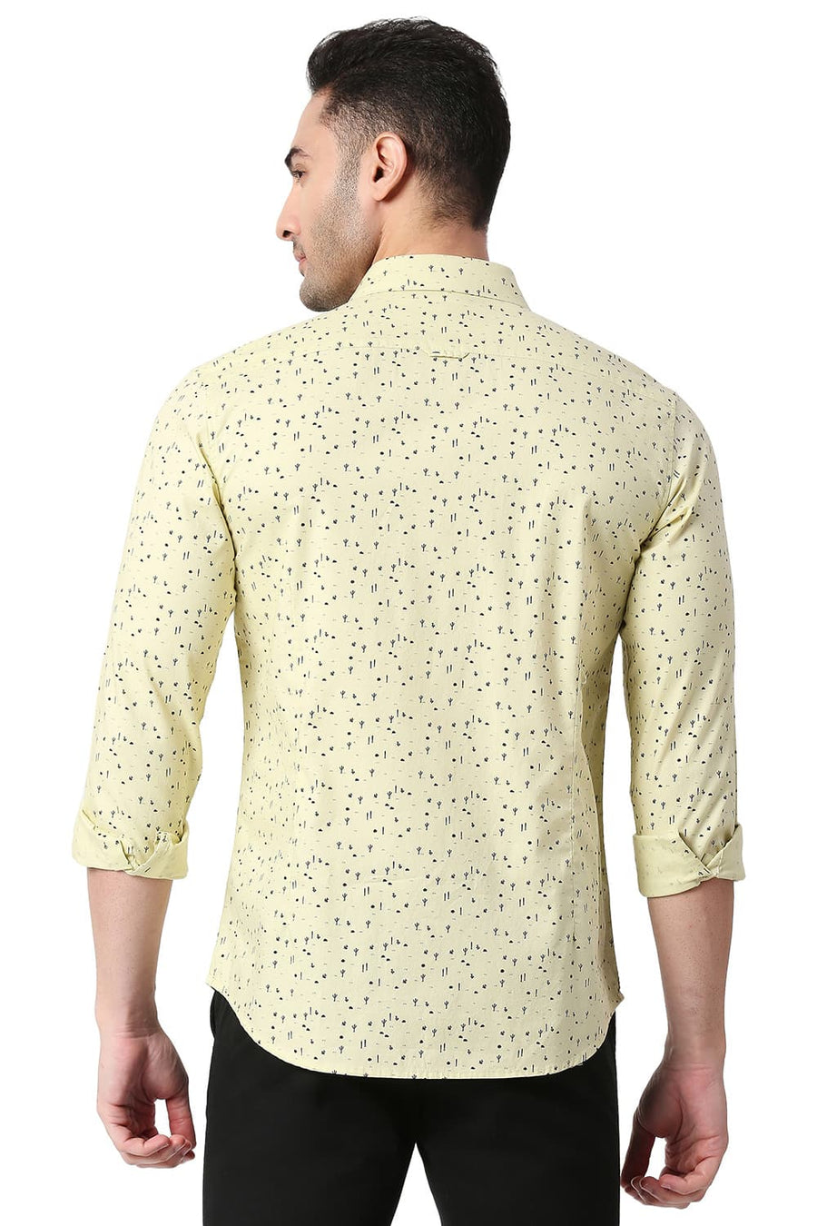 BASICS SLIM FIT GOLDEN GREEN COTTON PRINTED SHIRT