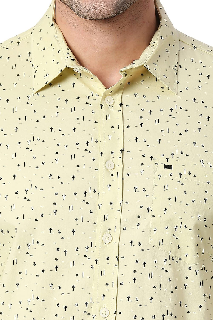BASICS SLIM FIT GOLDEN GREEN COTTON PRINTED SHIRT