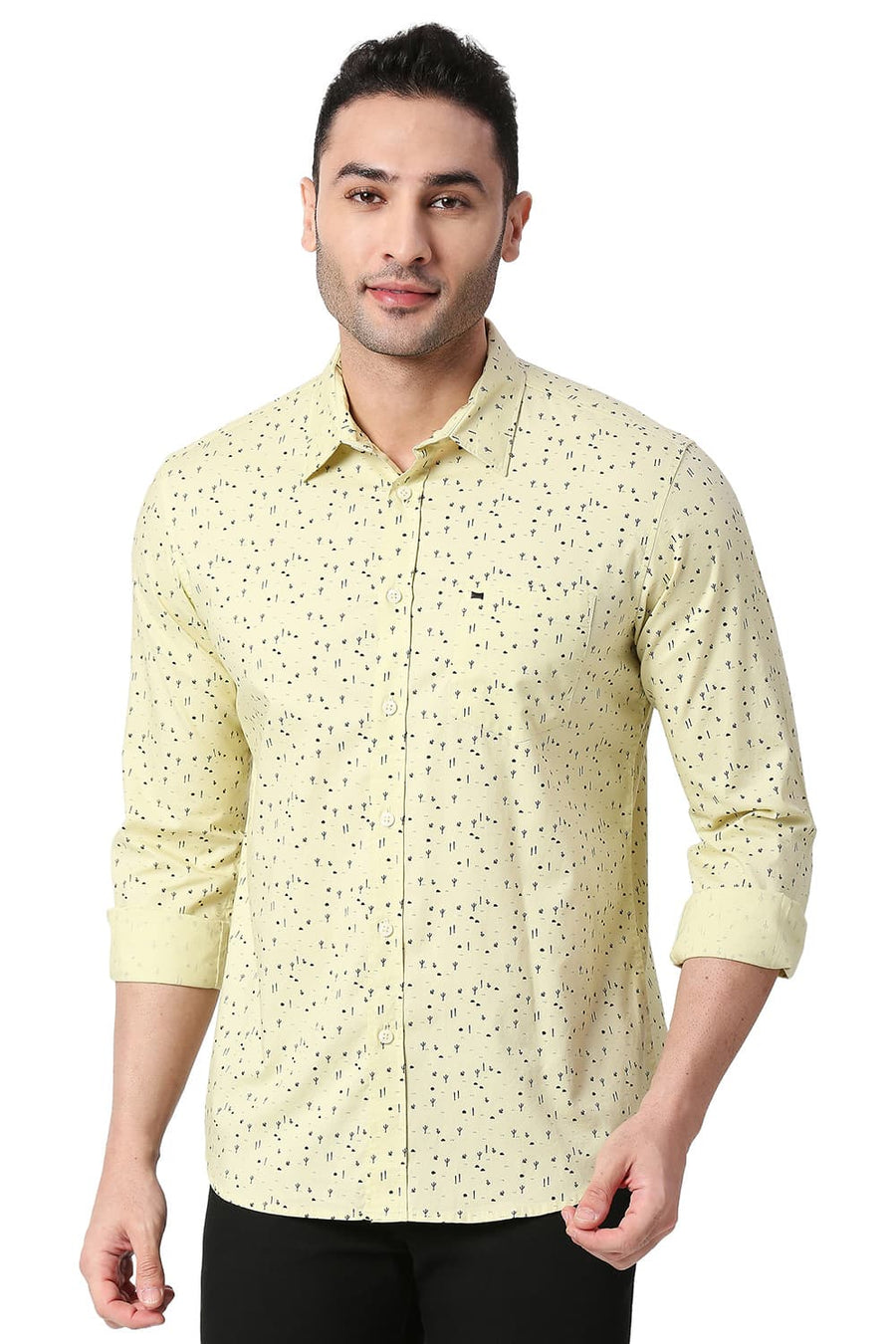 BASICS SLIM FIT GOLDEN GREEN COTTON PRINTED SHIRT