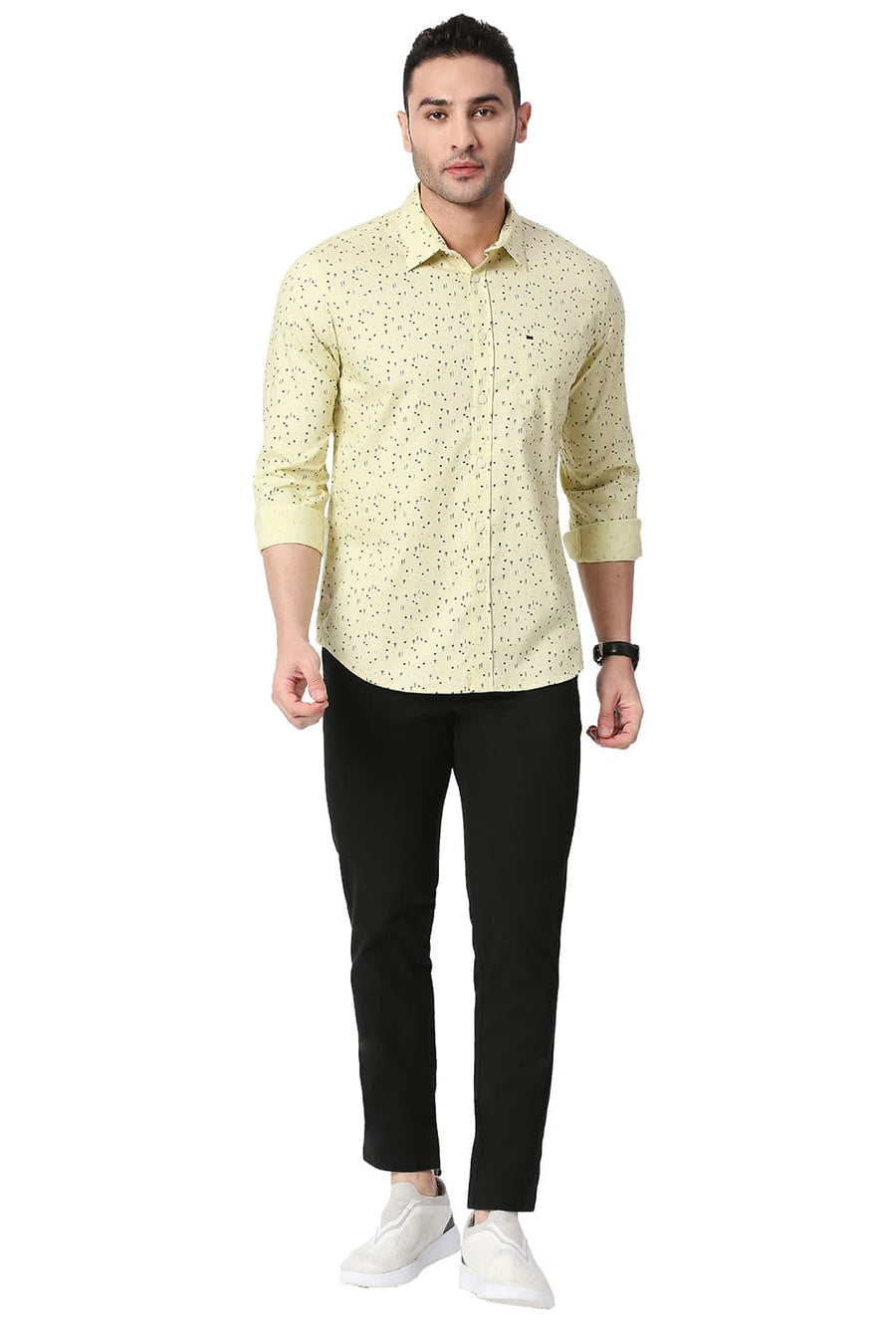 BASICS SLIM FIT GOLDEN GREEN COTTON PRINTED SHIRT