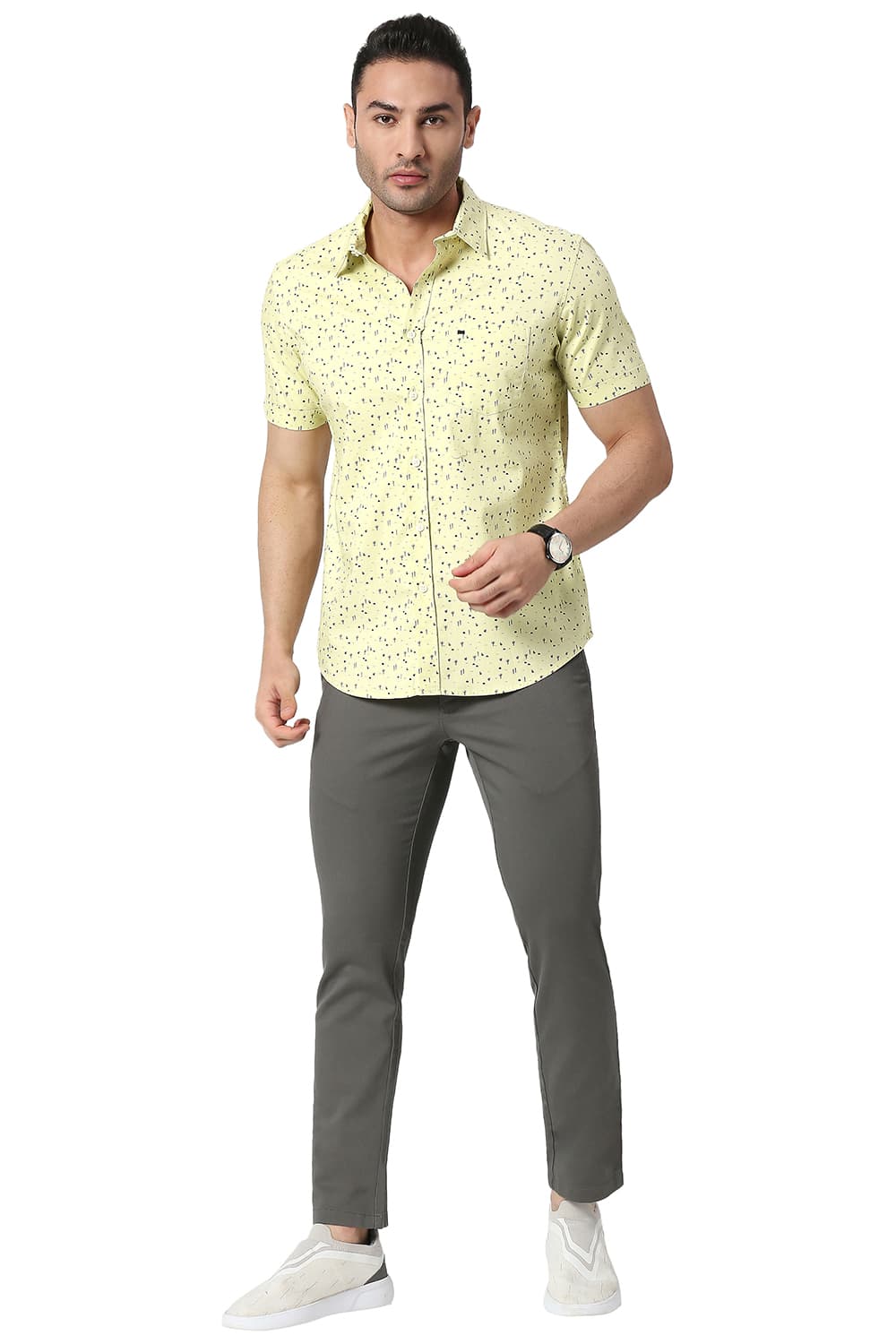 BASICS SLIM FIT COTTON PRINTED HALFSLEEVES SHIRT