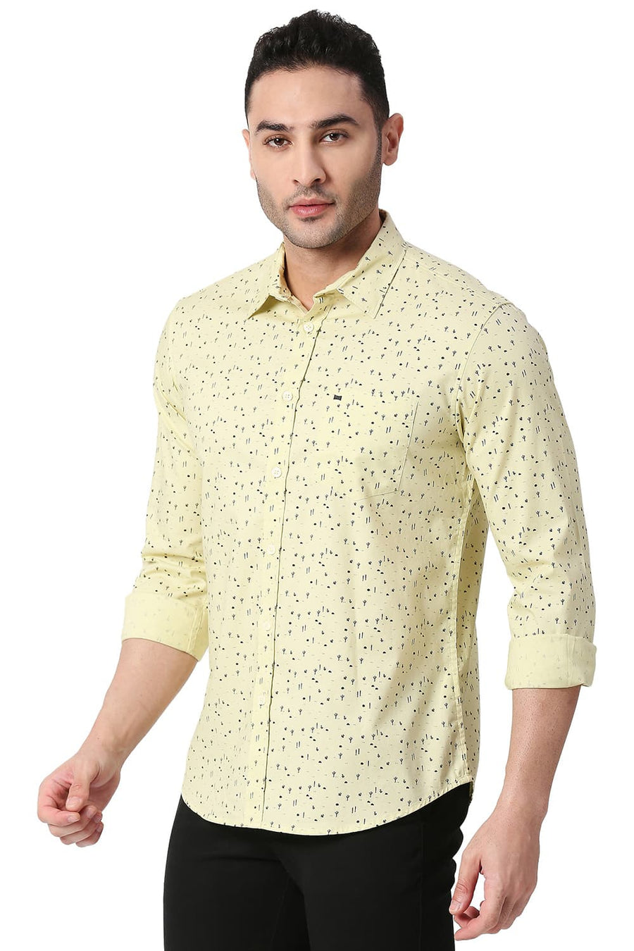 BASICS SLIM FIT GOLDEN GREEN COTTON PRINTED SHIRT