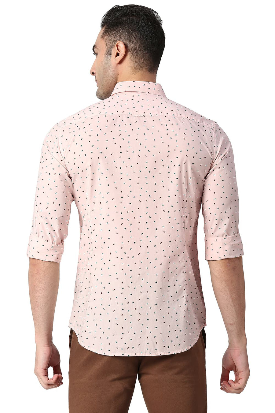 BASICS SLIM FIT MAUVE PEACH COTTON POPLIN PRINTED SHIRT