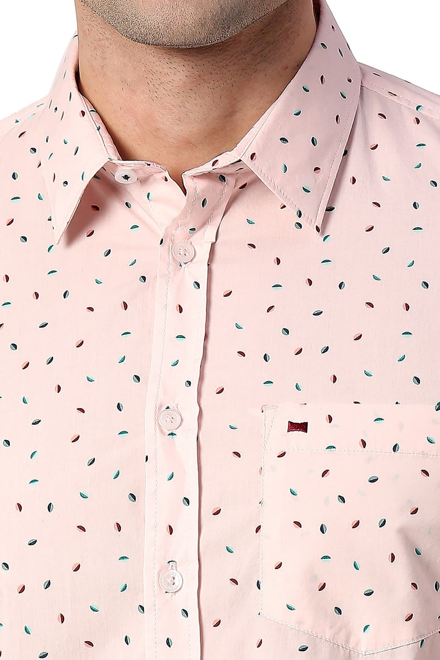 BASICS SLIM FIT MAUVE PEACH COTTON POPLIN PRINTED SHIRT