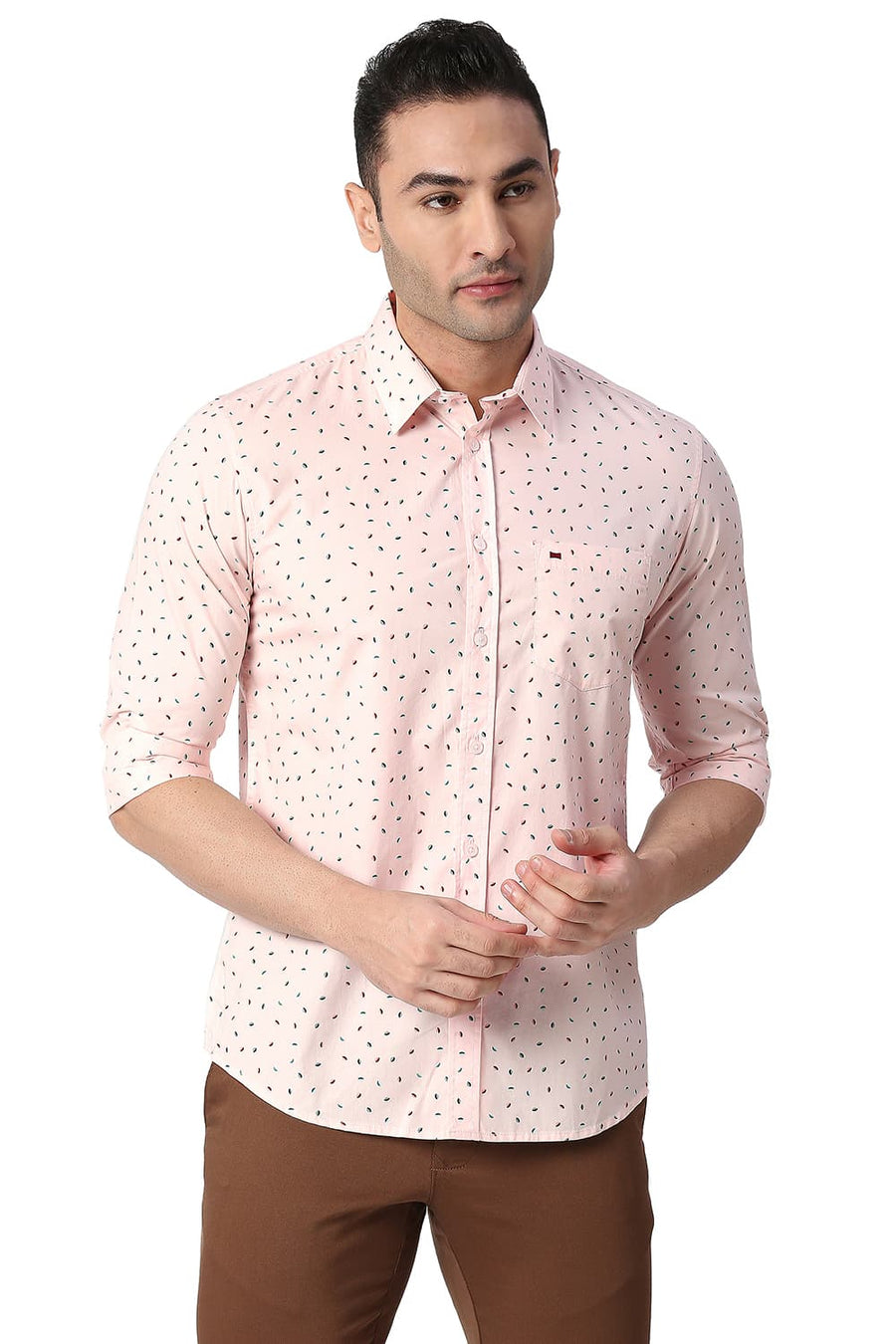 BASICS SLIM FIT MAUVE PEACH COTTON POPLIN PRINTED SHIRT