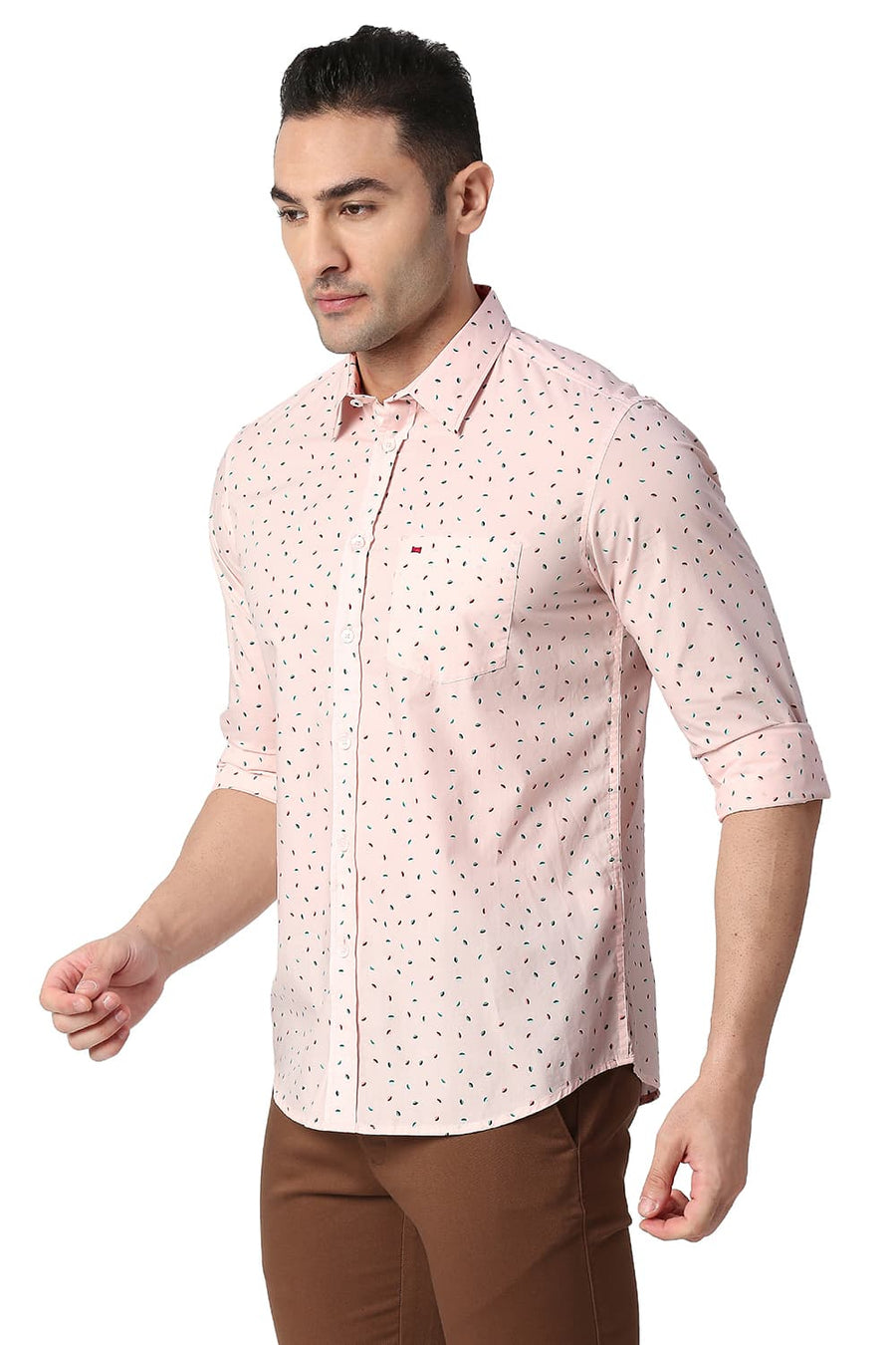 BASICS SLIM FIT MAUVE PEACH COTTON POPLIN PRINTED SHIRT