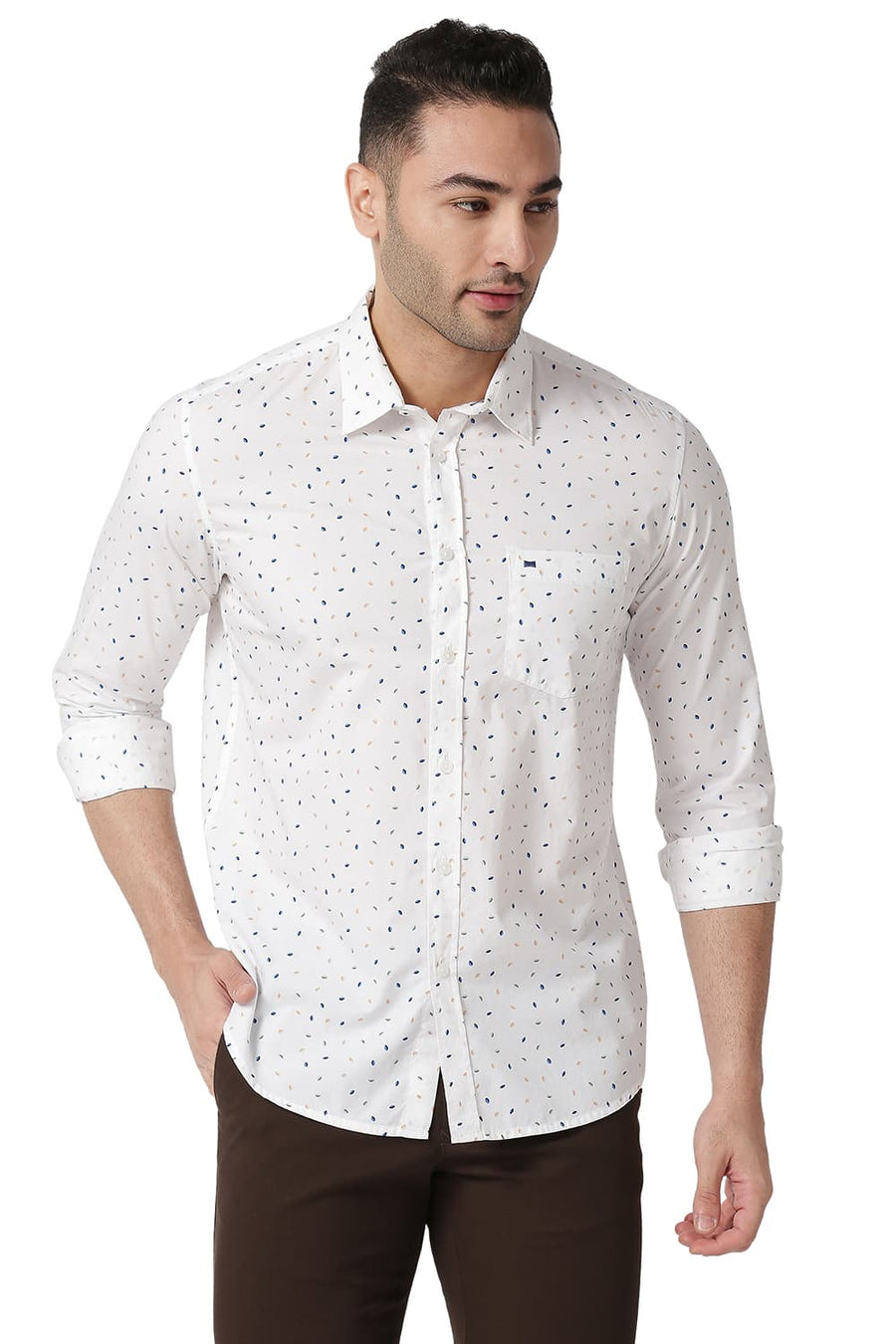 BASICS SLIM FIT CLOUD WHITE COTTON POPLIN PRINTED SHIRT