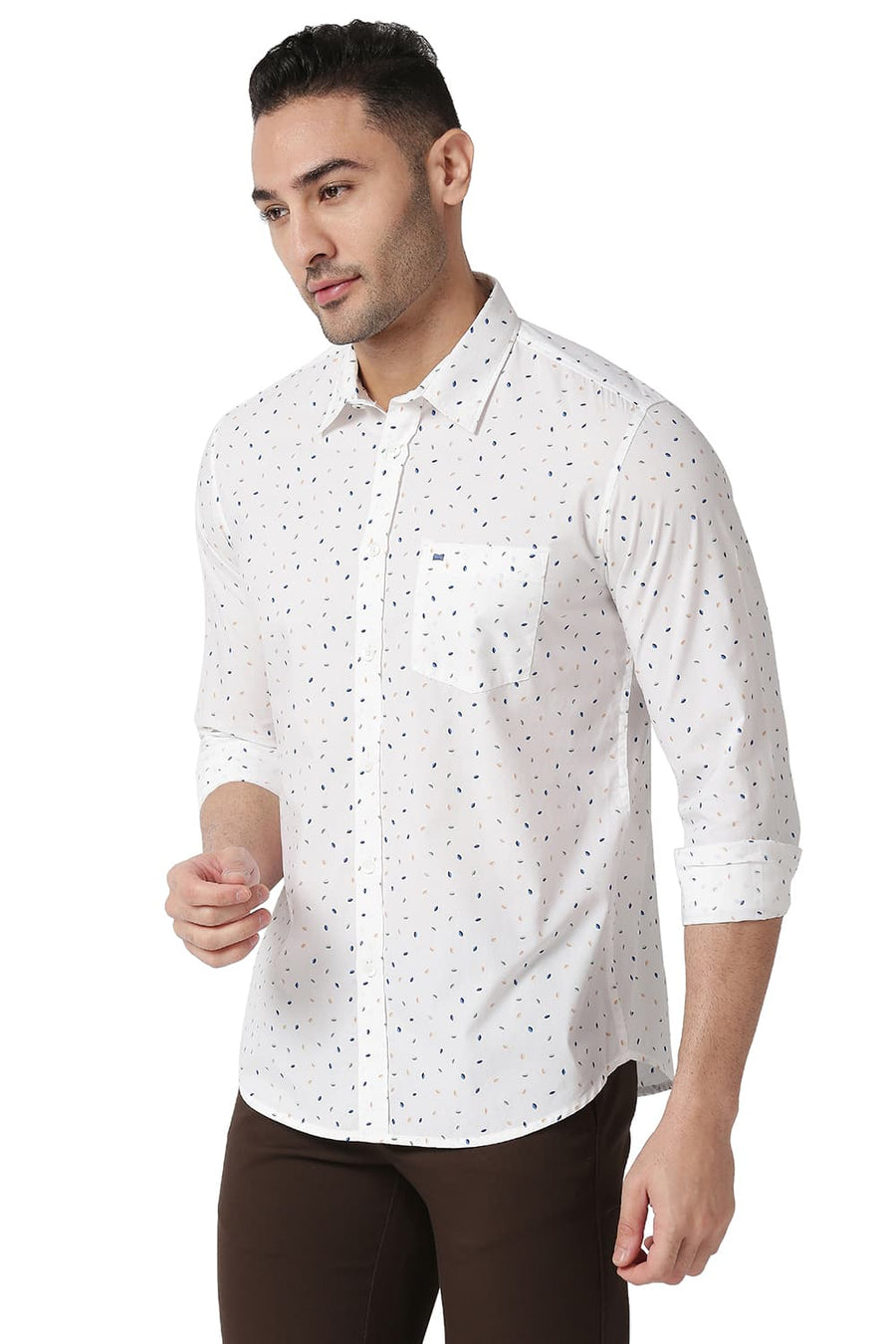 BASICS SLIM FIT CLOUD WHITE COTTON POPLIN PRINTED SHIRT