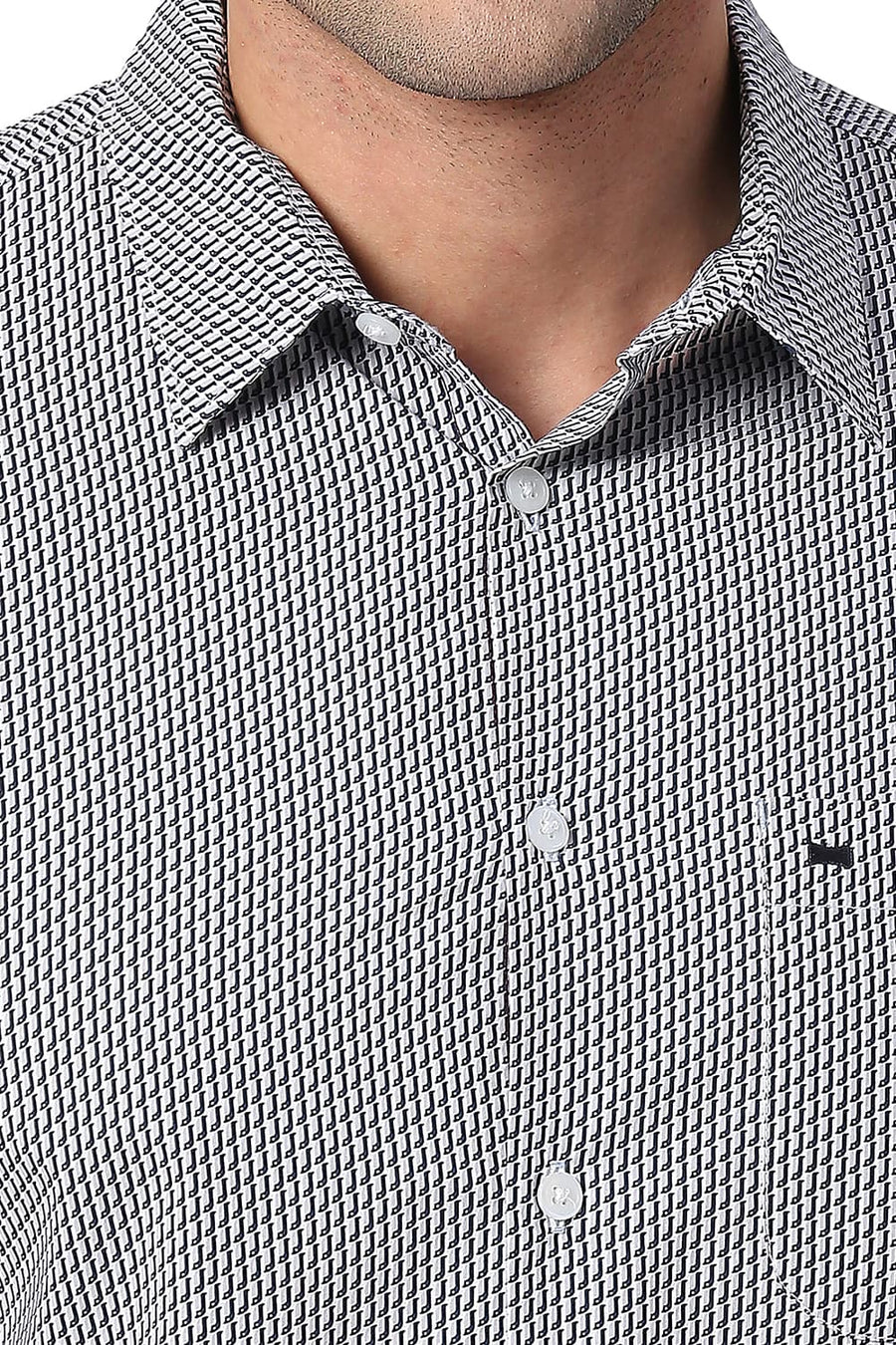 BASICS SLIM FIT OYSTER WHITE COTTON POPLIN PRINTED SHIRT