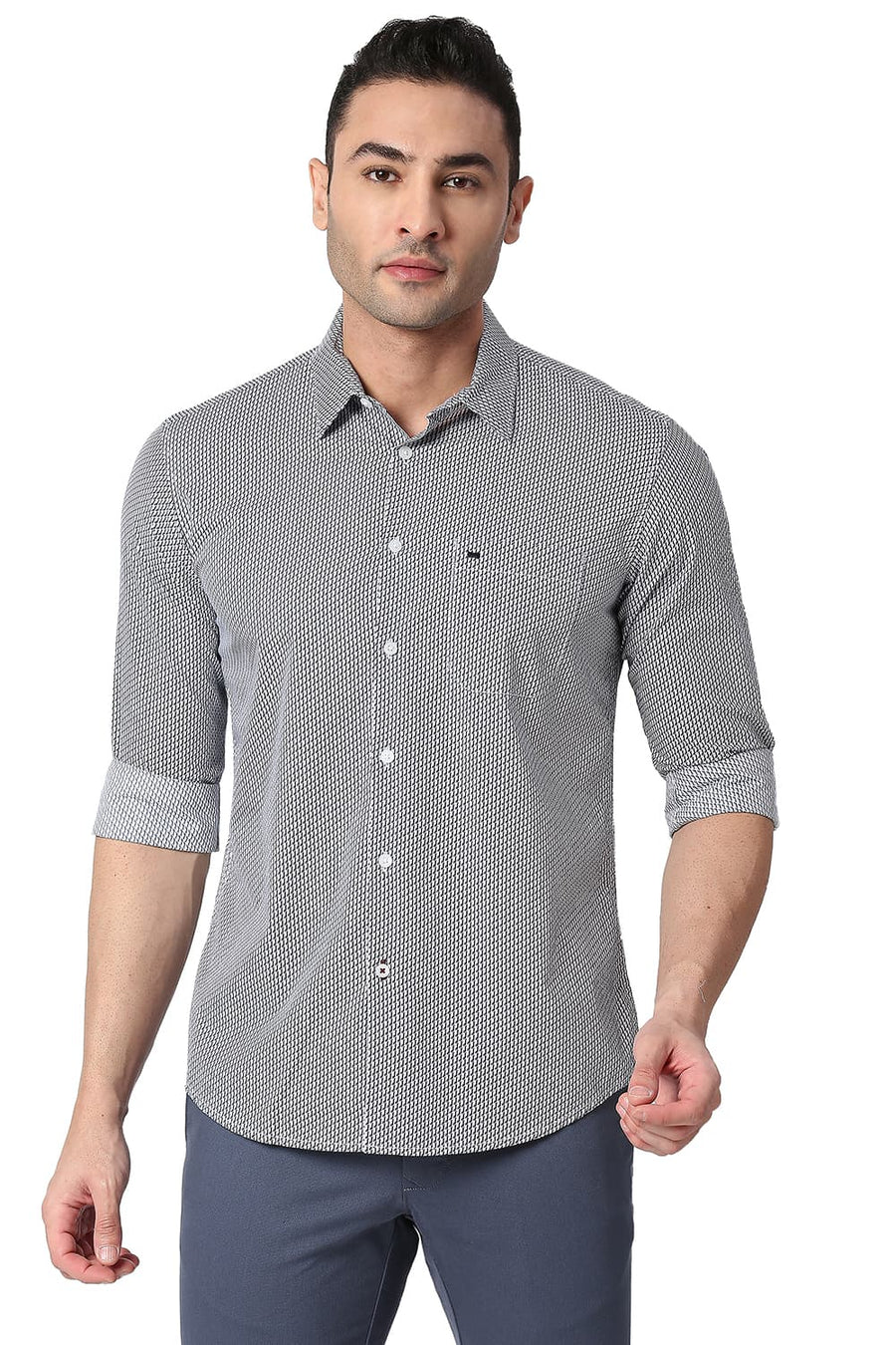 BASICS SLIM FIT OYSTER WHITE COTTON POPLIN PRINTED SHIRT
