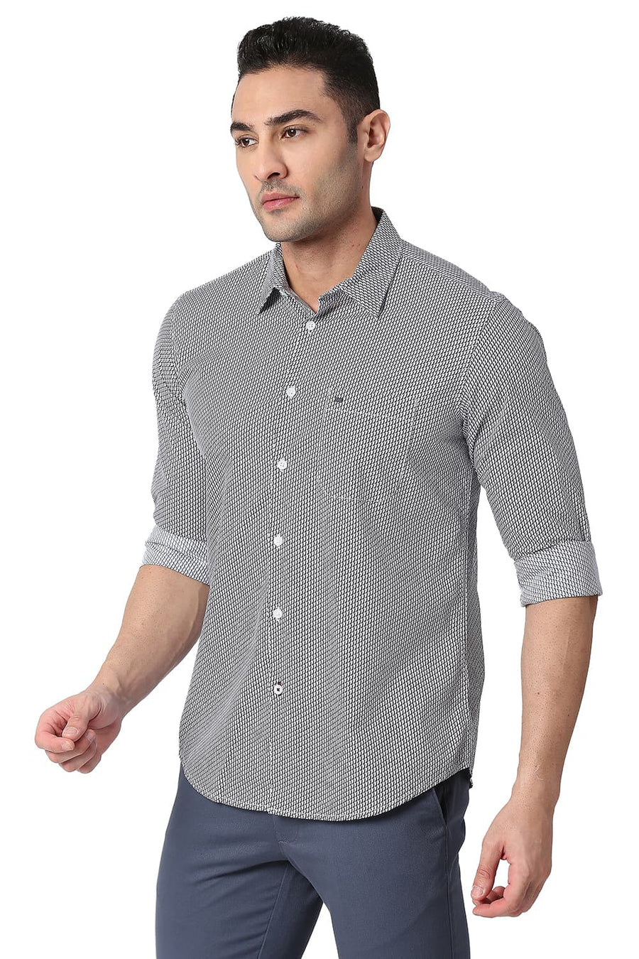 BASICS SLIM FIT OYSTER WHITE COTTON POPLIN PRINTED SHIRT