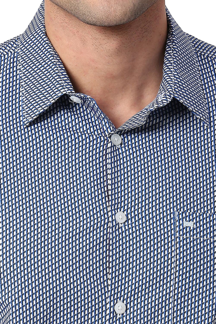 BASICS SLIM FIT SKYDIVER BLUE COTTON POPLIN PRINTED SHIRT