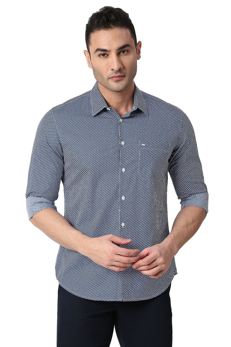 BASICS SLIM FIT SKYDIVER BLUE COTTON POPLIN PRINTED SHIRT