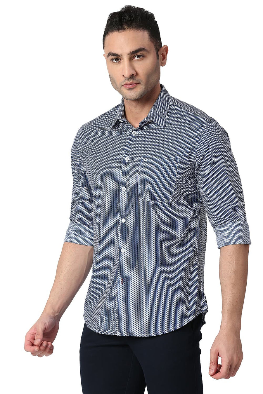 BASICS SLIM FIT SKYDIVER BLUE COTTON POPLIN PRINTED SHIRT
