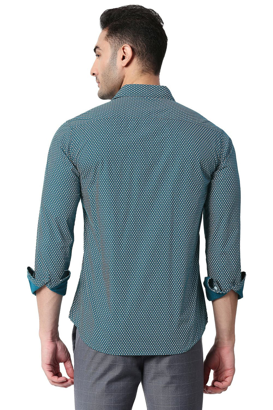 BASICS SLIM FIT DEEP TURQUOISE COTTON POPLIN PRINTED SHIRT
