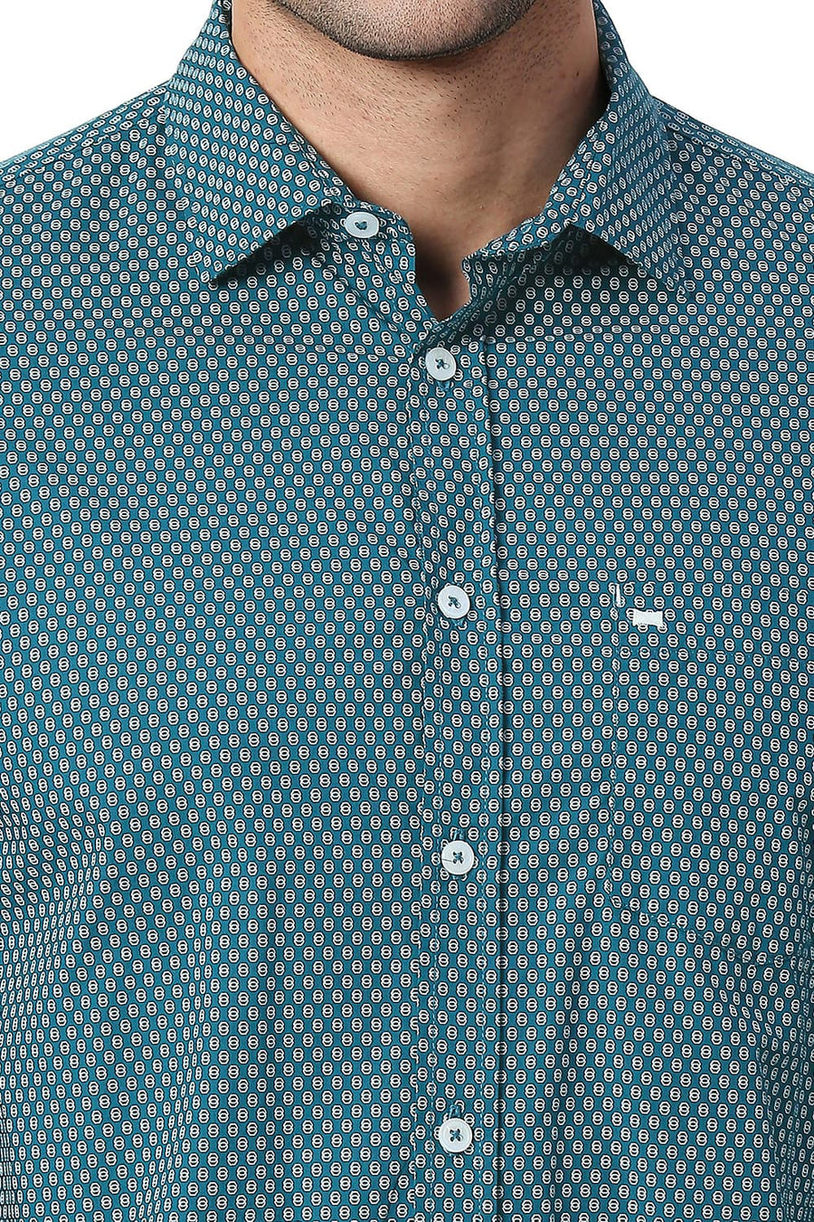 BASICS SLIM FIT DEEP TURQUOISE COTTON POPLIN PRINTED SHIRT