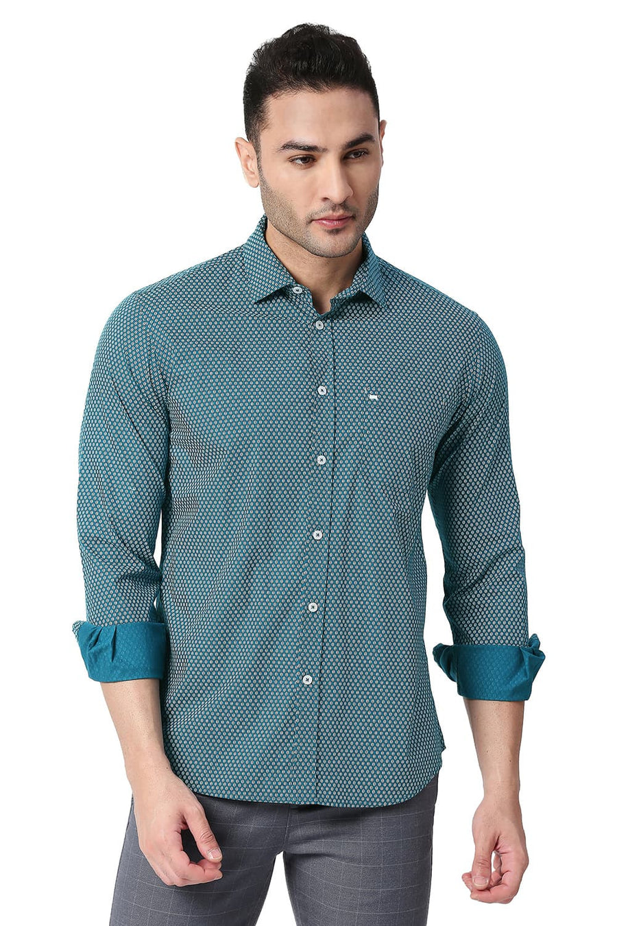 BASICS SLIM FIT DEEP TURQUOISE COTTON POPLIN PRINTED SHIRT