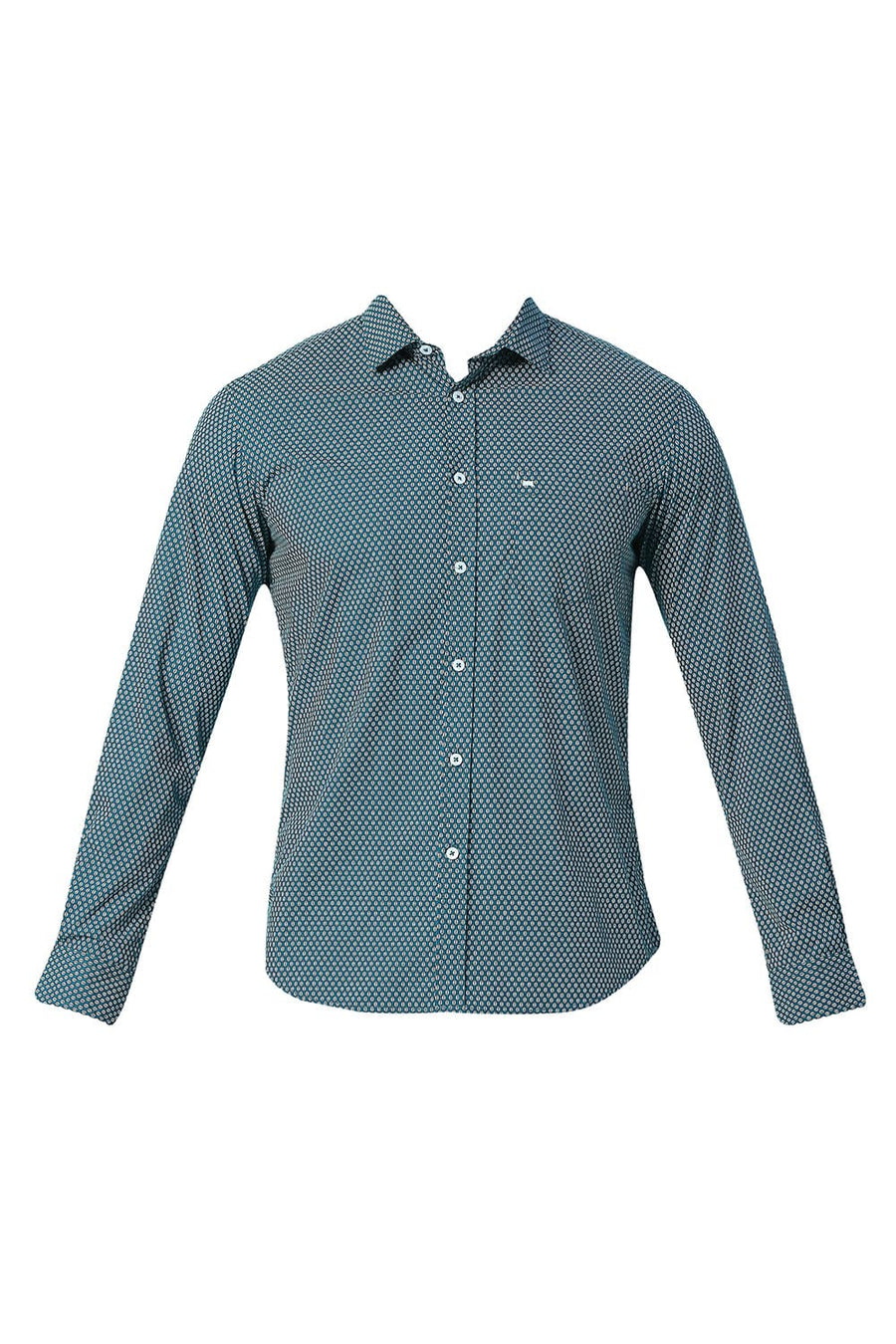BASICS SLIM FIT DEEP TURQUOISE COTTON POPLIN PRINTED SHIRT