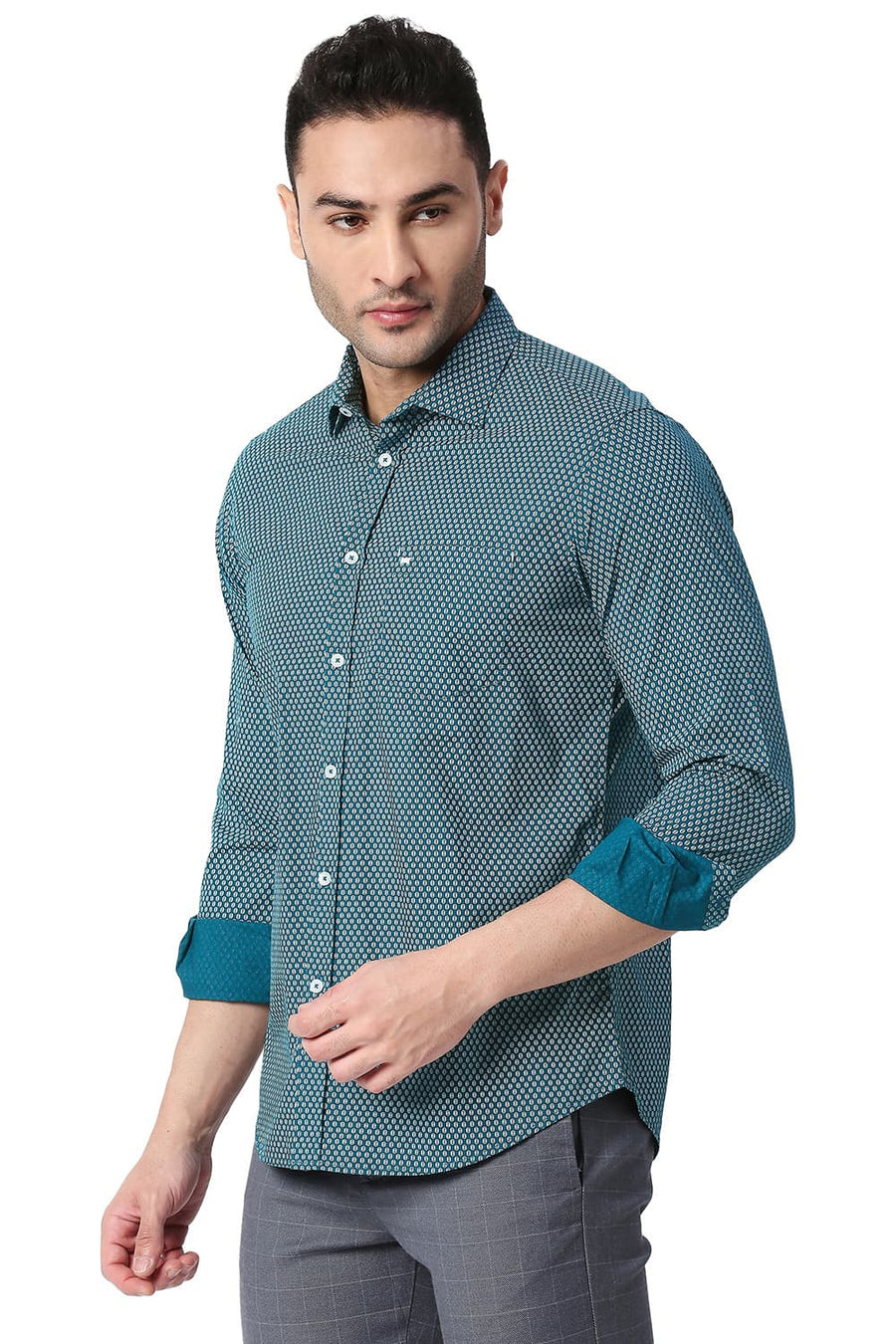 BASICS SLIM FIT DEEP TURQUOISE COTTON POPLIN PRINTED SHIRT