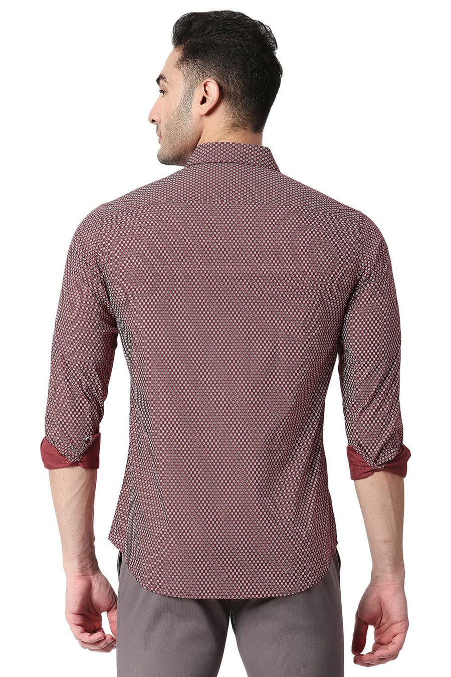 BASICS SLIM FIT CABERNET MAROON COTTON POPLIN PRINTED SHIRT