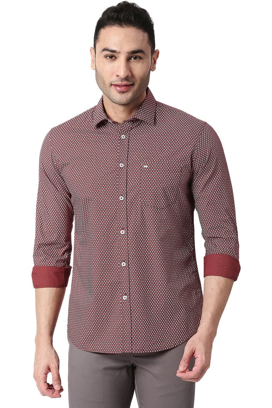 BASICS SLIM FIT CABERNET MAROON COTTON POPLIN PRINTED SHIRT