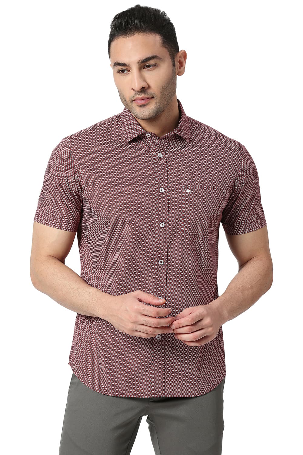 BASICS SLIM FIT COTTON POPLIN PRINTED HALFSLEEVES SHIRT