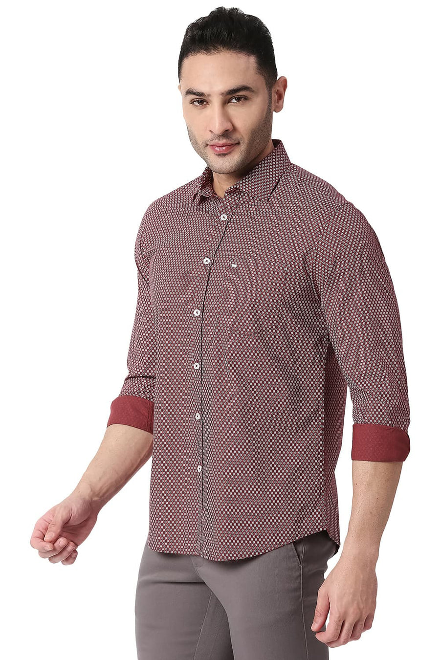BASICS SLIM FIT CABERNET MAROON COTTON POPLIN PRINTED SHIRT