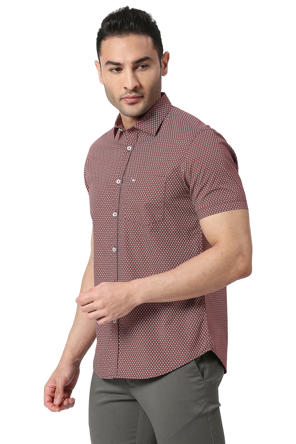 BASICS SLIM FIT COTTON POPLIN PRINTED HALFSLEEVES SHIRT