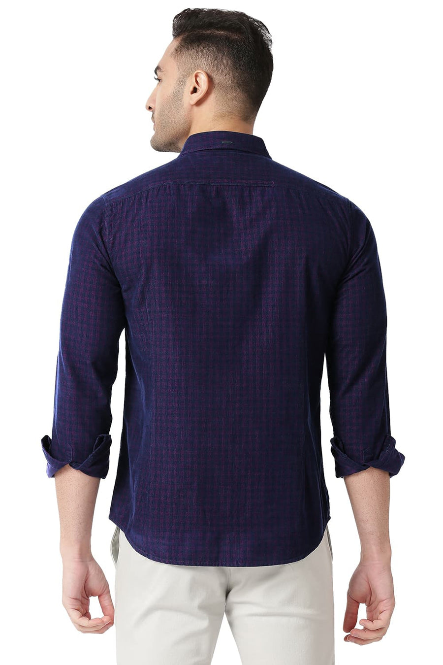 BASICS SLIM FIT SHADOW PURPLE COTTON CORDUORY CHECKS SHIRT