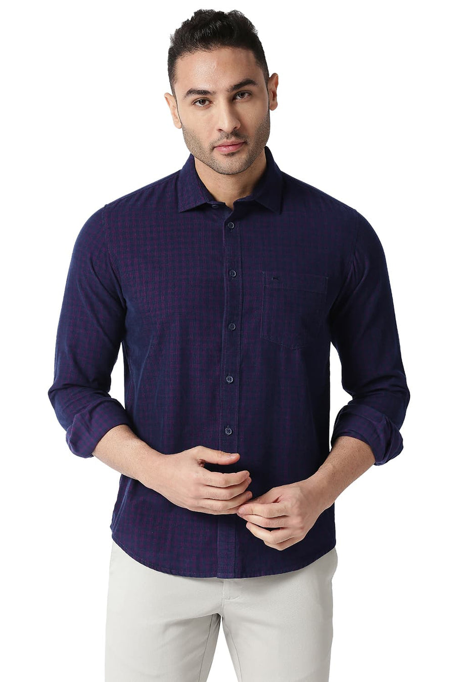 BASICS SLIM FIT SHADOW PURPLE COTTON CORDUORY CHECKS SHIRT