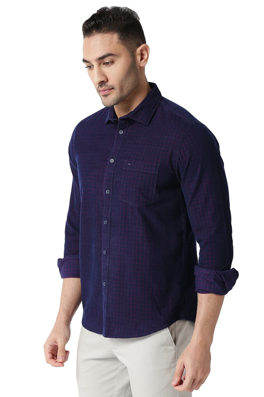BASICS SLIM FIT SHADOW PURPLE COTTON CORDUORY CHECKS SHIRT