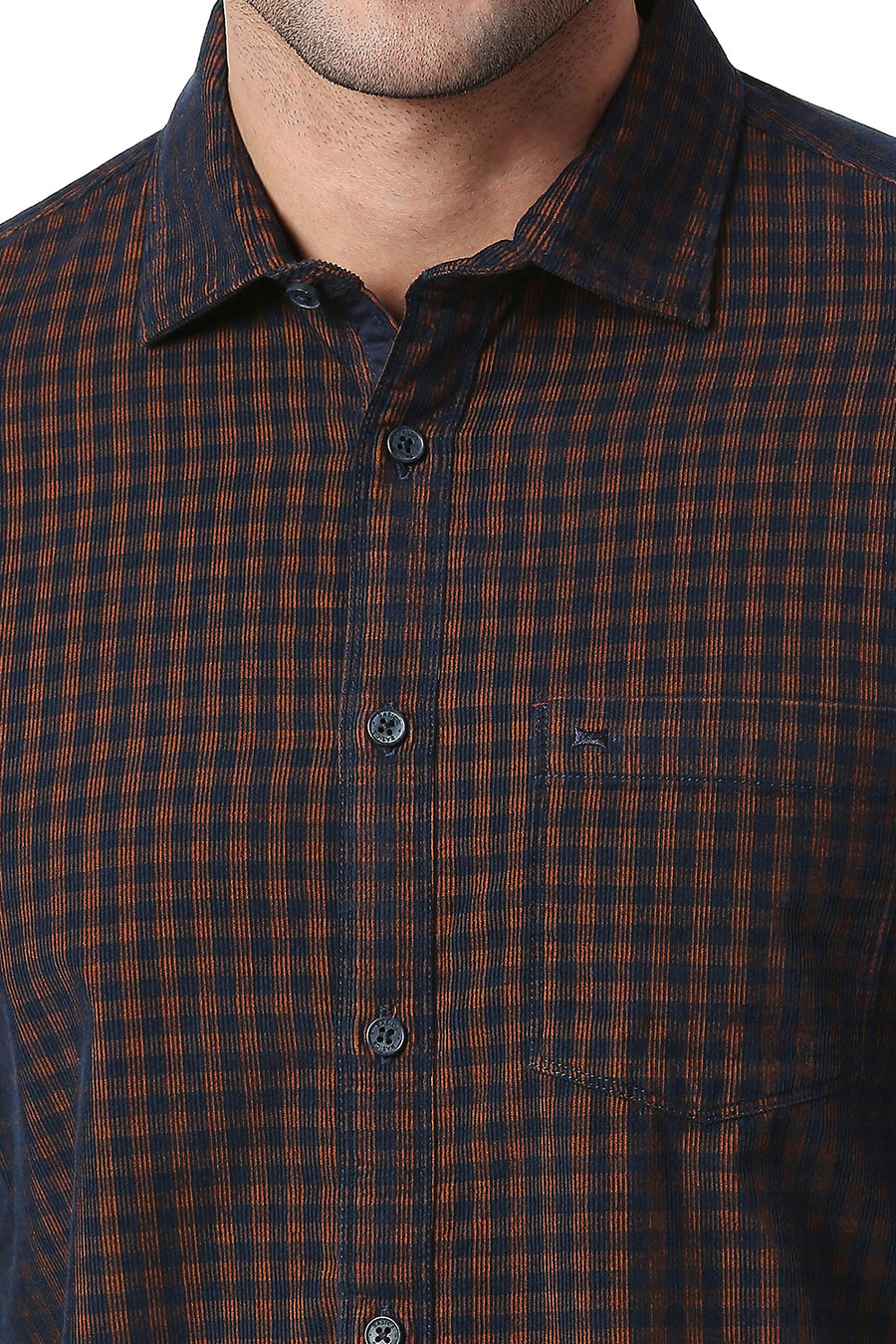 BASICS SLIM FIT EARTH BROWN COTTON CORDUORY CHECKS SHIRT