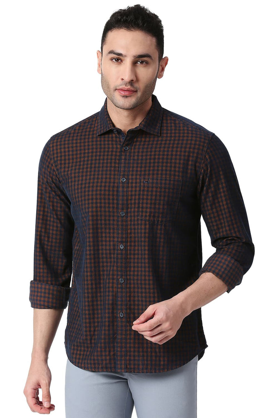BASICS SLIM FIT EARTH BROWN COTTON CORDUORY CHECKS SHIRT