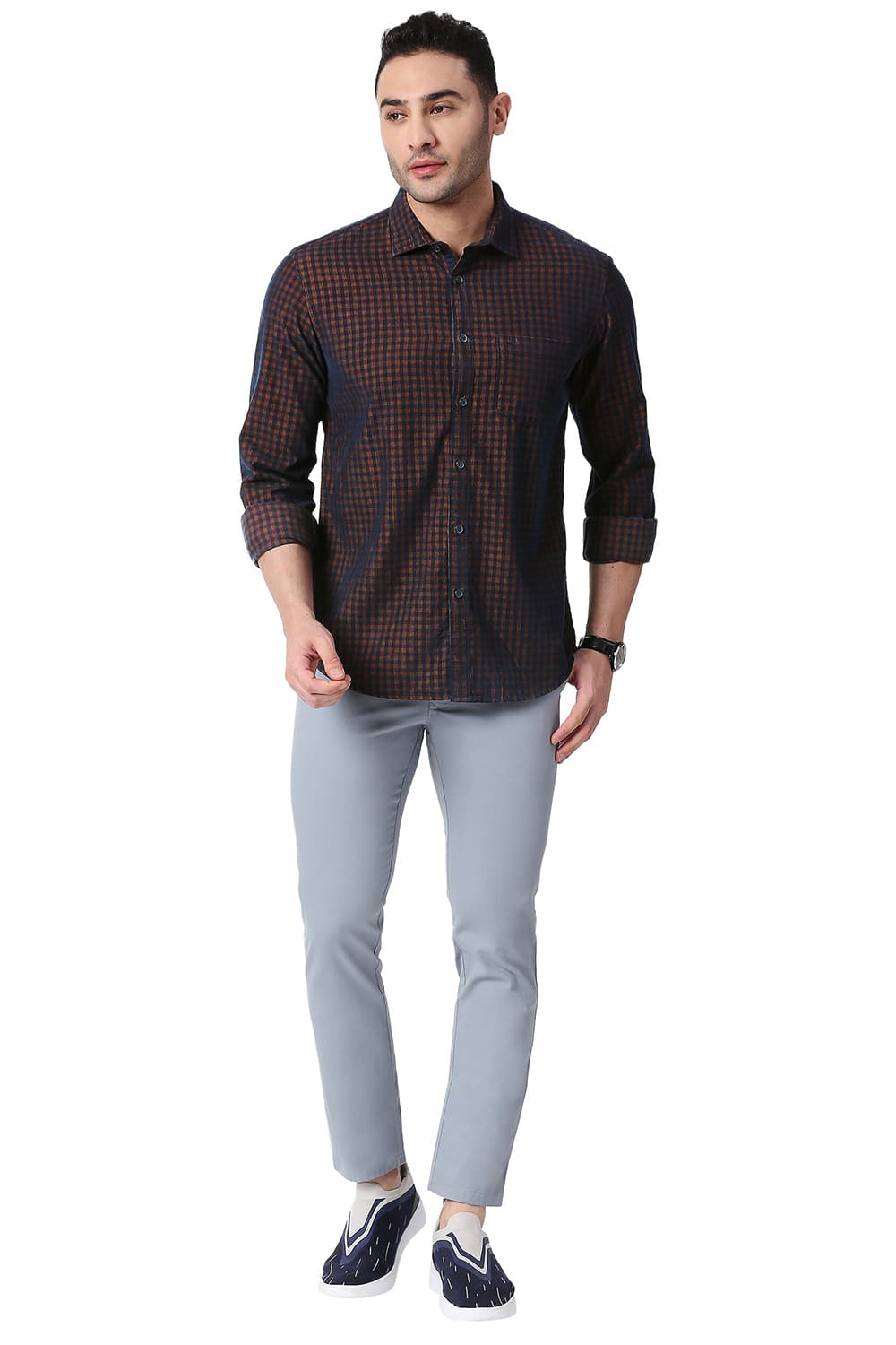 BASICS SLIM FIT COTTON CORDUORY CHECKS SHIRT